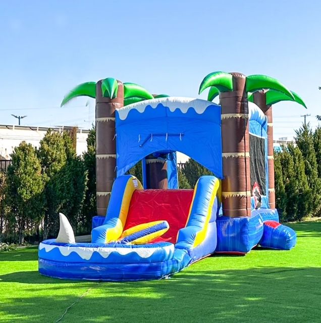 Bouncy castle rental set up on a lawn in Edmonton